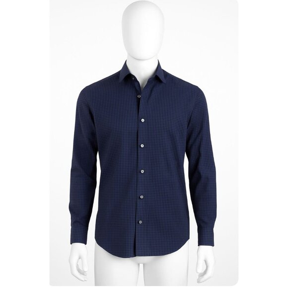 John Varvatos Men’s Dress Shirt 15 32/33 Navy Blue Micro Check Button Front Slim - Picture 1 of 5